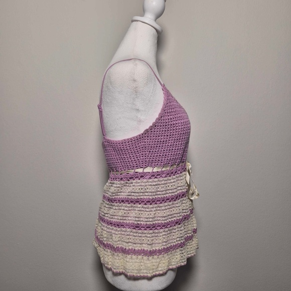 Betsey Johnson RARE Mulberry Purple & Cream Crotchet Knit Vintage 90s Tank Top M - Picture 3 of 7